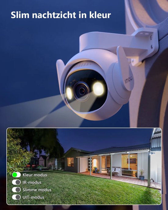 Slim nachtzicht in kleur met instellingsopties voor de camera en een verlichte tuin.