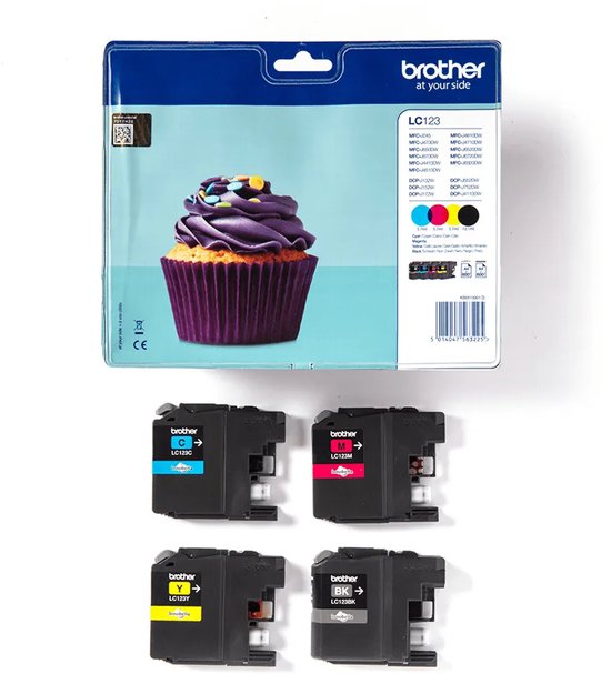 Brother LC123 inktcartridges en verpakking met cupcake-afbeelding.