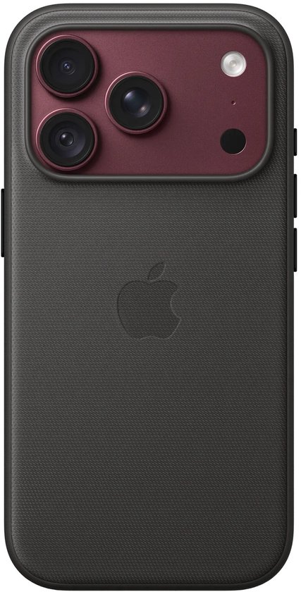 Zwart hoesje met bordeauxrood camerablok en Apple-logo op de achterkant.