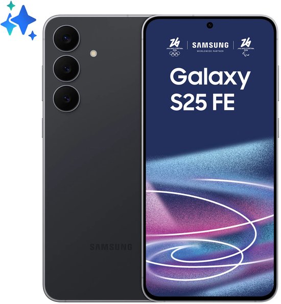 Zwarte Samsung Galaxy S25 FE met olympisch logo en abstracte lijnen op het scherm.
