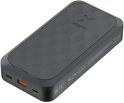 Zwarte Xtorm 20.000mAh powerbank met cirkelpatroon, 35W poorten en specificaties.