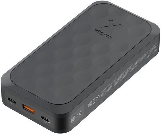 Zwarte Xtorm 20.000mAh powerbank met cirkelpatroon, 35W poorten en specificaties.