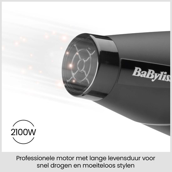 Close-up van een 2100W BaByliss föhnmond die lucht uitblaast voor professionele prestaties.