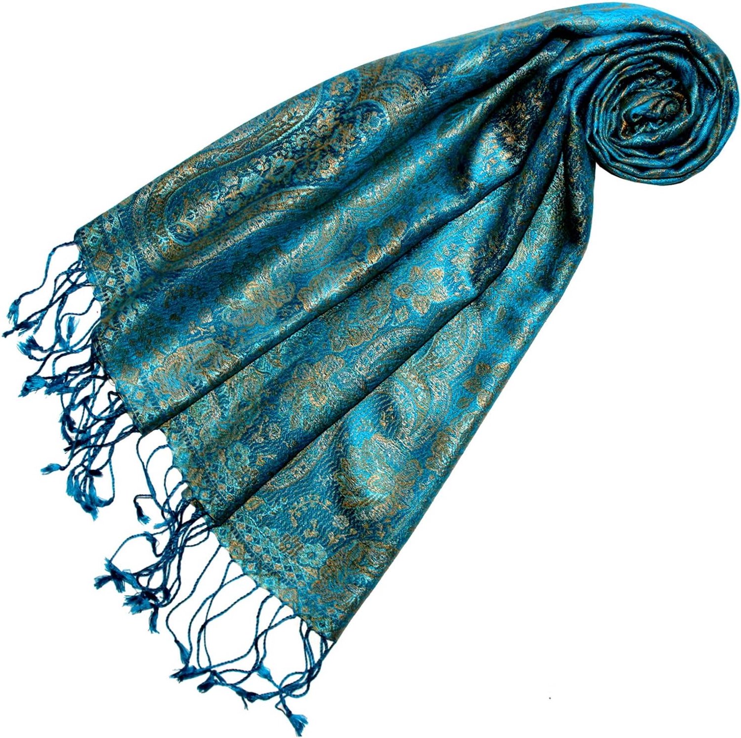 Zijden Sjaal Dames Elegant Paisley Patroon Turquoise Goud 35x160cm