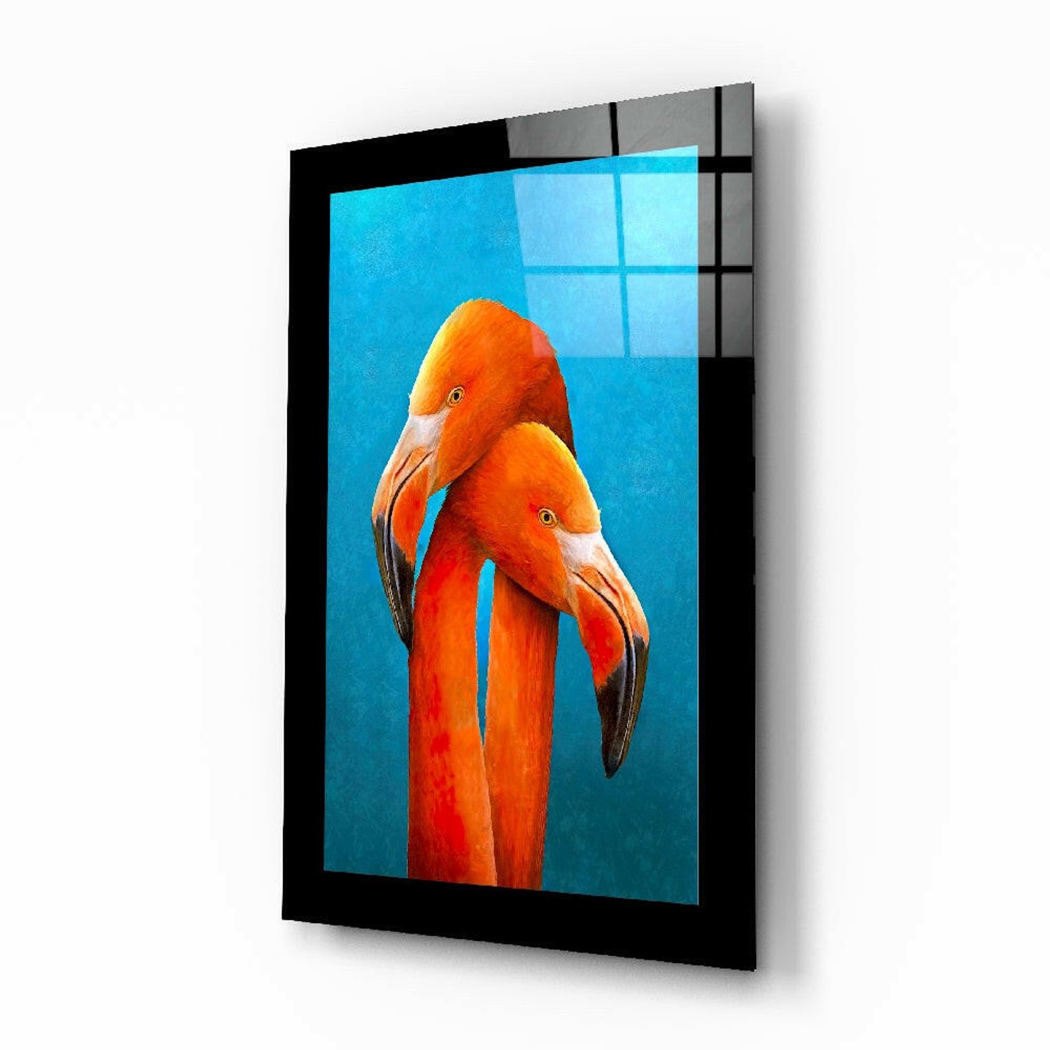 Glasschilderij – Verstrengelde Halzen van Twee Flamingo's in Turquoise – Decoratieve Kunst aan de Muur