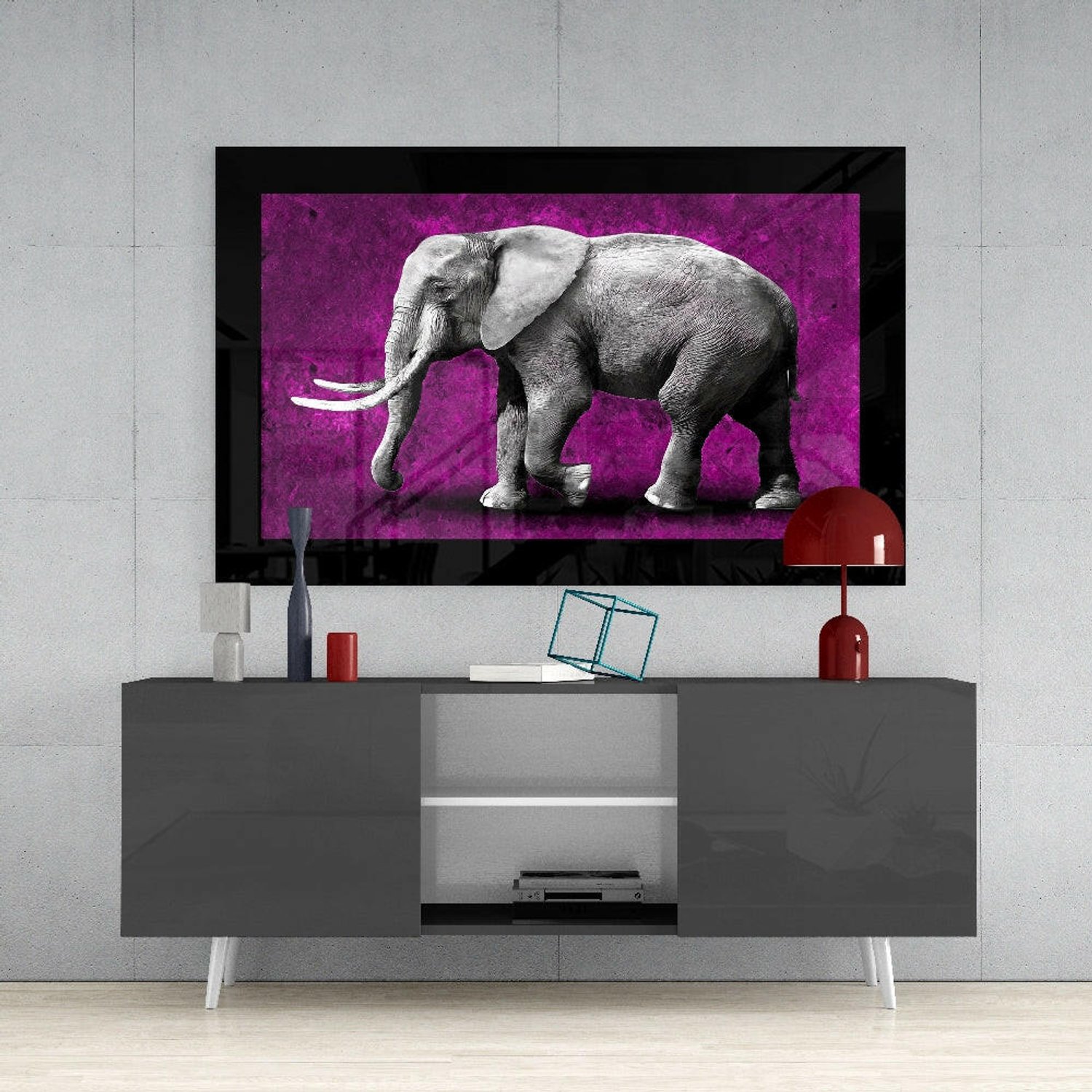 Glasschilderij – Monochrome Olifant in Paarse Grunge – Eigentijdse Wandkunst