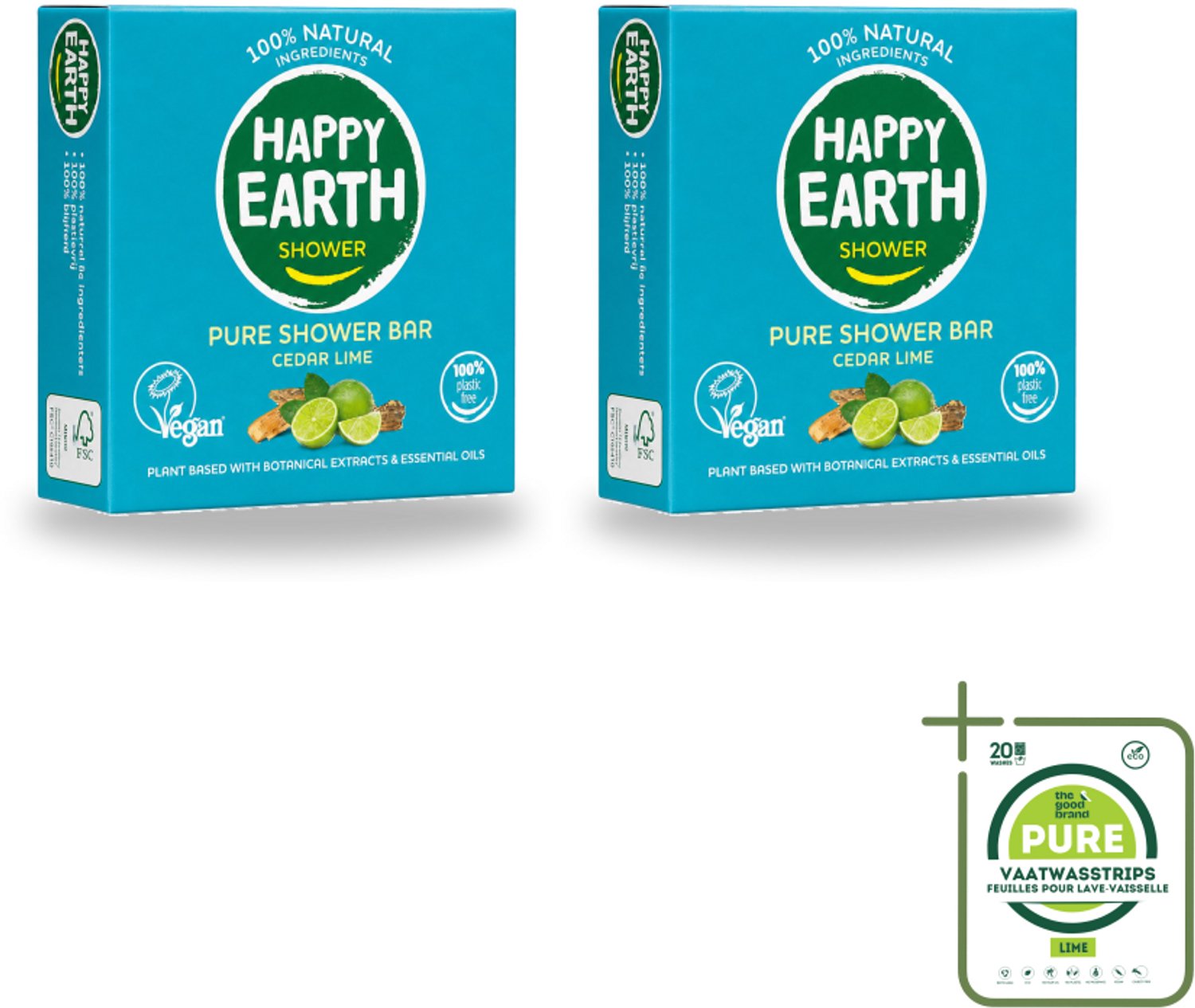 2 x Happy Earth – Shower Bar – 100% Natuurlijk Cedar Lime – 90 g - Grootverpakking - Vaatwasstrips - Douchebar - Natuurlijke Douche - Ceder En Limoen - Sheaboter - Amandelolie