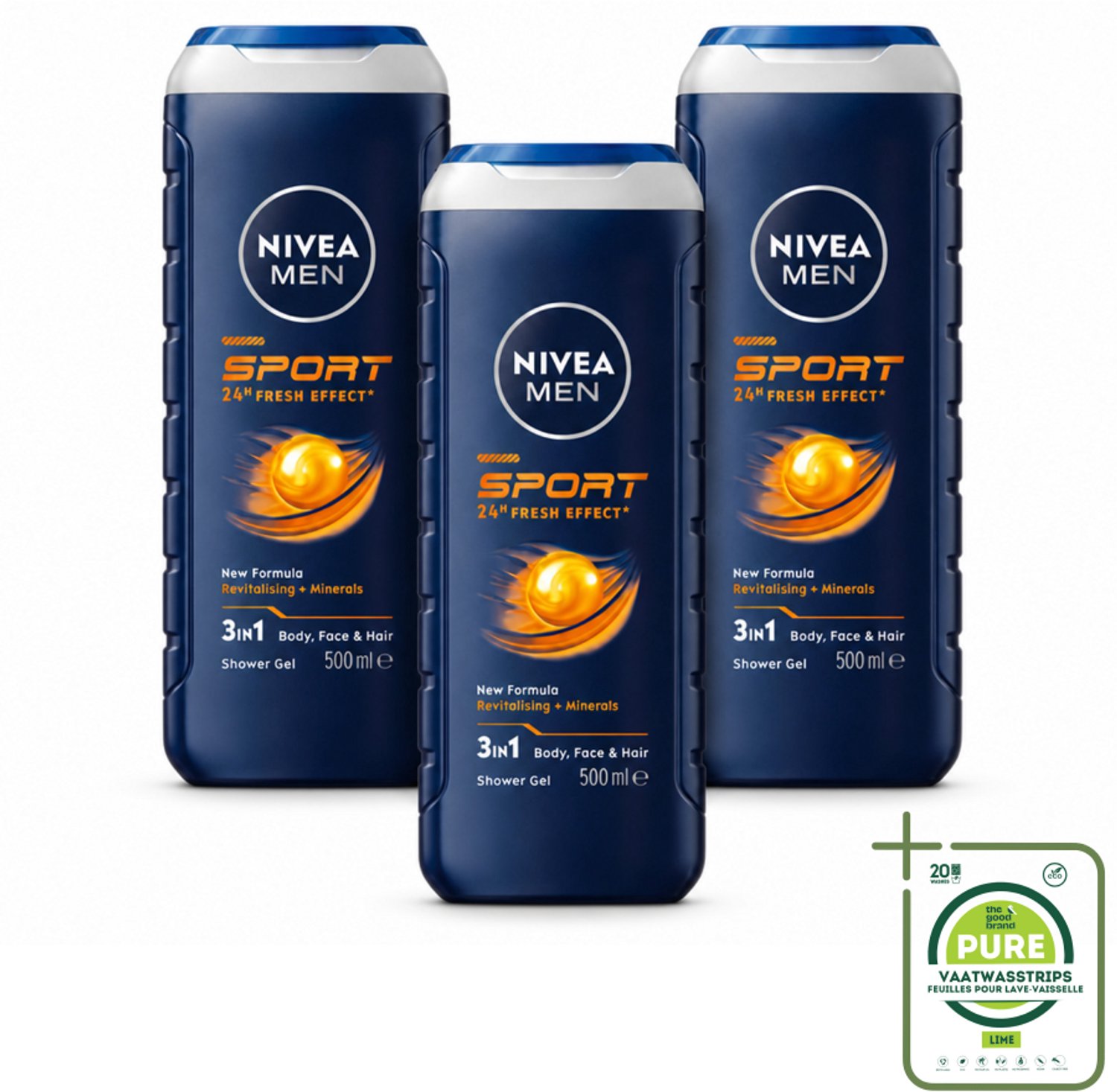 3 x NIVEA MEN - Douchegel - Sport - 500 ml - Grootverpakking - Vaatwasstrips - Sportdouchegel - Mannelijke Douchegel - Verfrissende Douchegel - Lichaam Verzorging - Gezicht Verzorging