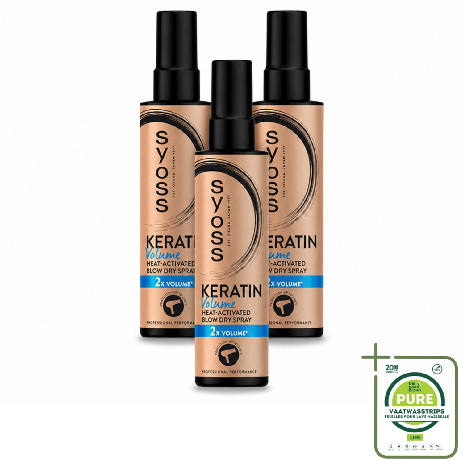 3 x Syoss - Keratin & Volume - Heatprotection Spray - Dubbele Bescherming - 200 ml - Grootverpakking - Vaatwasstrips - Haarbescherming - Hittebescherming - Volumeboost - Föhn Spray - Keratine Spray