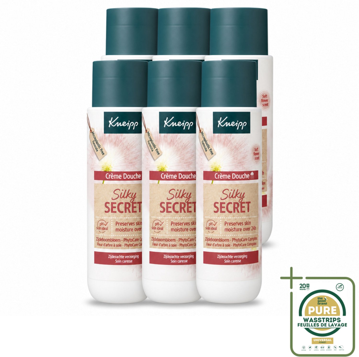 6 x Kneipp - Douchecrème - Silky Secret - 200 ml - Wasstrips - Douchecrème - Zijdezacht Huidgevoel - Verzorgende Douchecrème - Huidverzorging - Gevoelige Huid