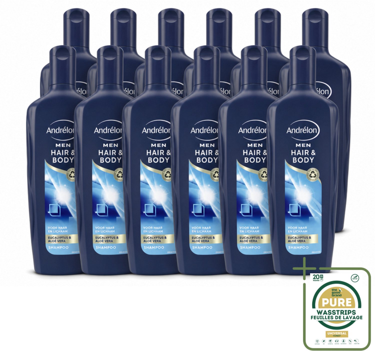 12 x Andrélon - Men - Hair & Body - Shampoo - 300 ml - Wasstrips - Shampoo Voor Mannen - Bodywash Voor Mannen - Haar En Lichaam Verzorgen - Eucalyptus Shampoo - Aloë Vera Bodywash