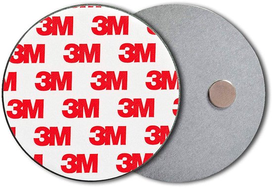 Magnetische bevestigingsset: één zijde met 3M-logo's en één grijze metalen zijde met magneet.