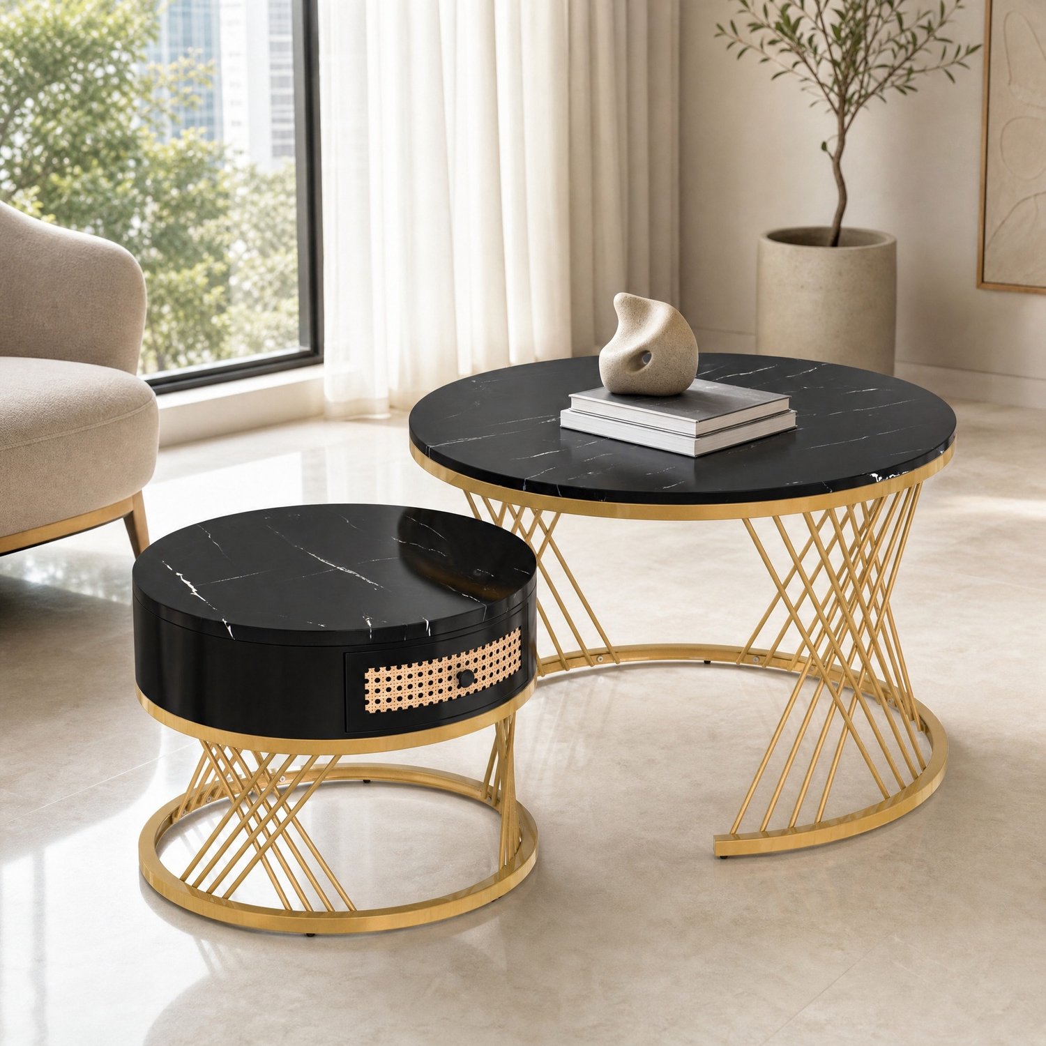 CHICFURN Salontafel - Set van 2 - Ruimtebesparend - Rond - Zwart en goud