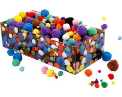 Pom-Poms, d: 5-40 mm, circa 720 stuk, 220 gr, diverse kleuren