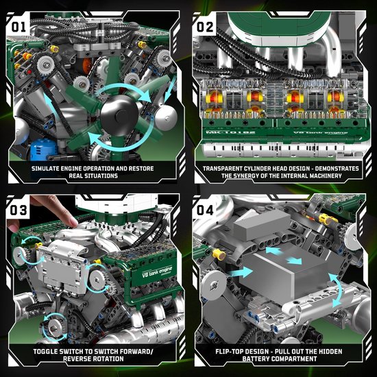 Vier afbeeldingen van het groene V8 tankmotor model: simulatie, transparante cilinderkop, schakelaar en batterijcompartiment.