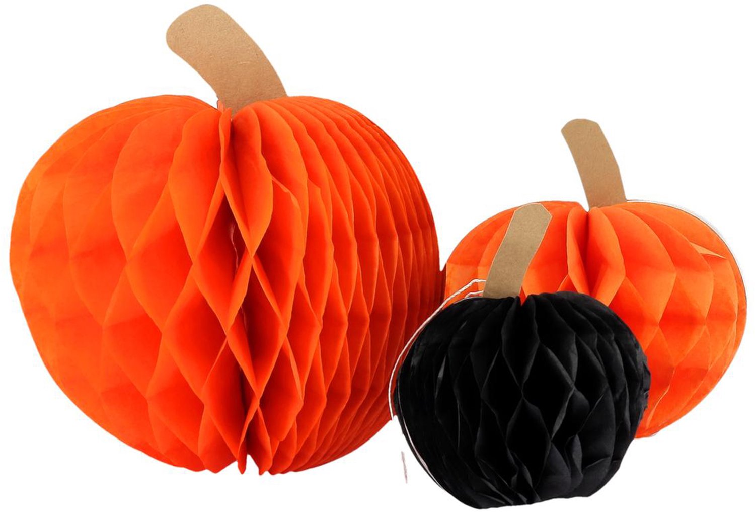 ARTYFETES - 3 honingraat papier pompoenen oranje en zwart 10 cm 13 cm en 18 cm