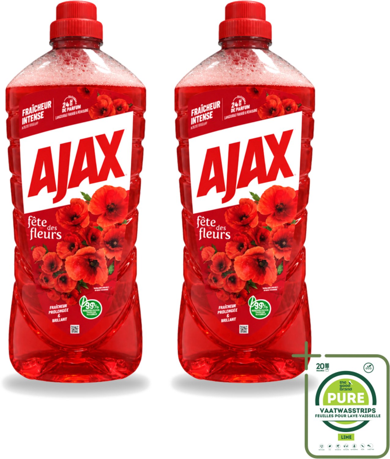 2 x Ajax – Allesreiniger – Rode Bloemen – 1,25 L - Grootverpakking - Vaatwasstrips - Allesreiniger Rode Bloemen - Reiniger 1.25 L - Bloemengeur Reiniger - Krachtige Reiniger - Huishoudelijke Reiniger