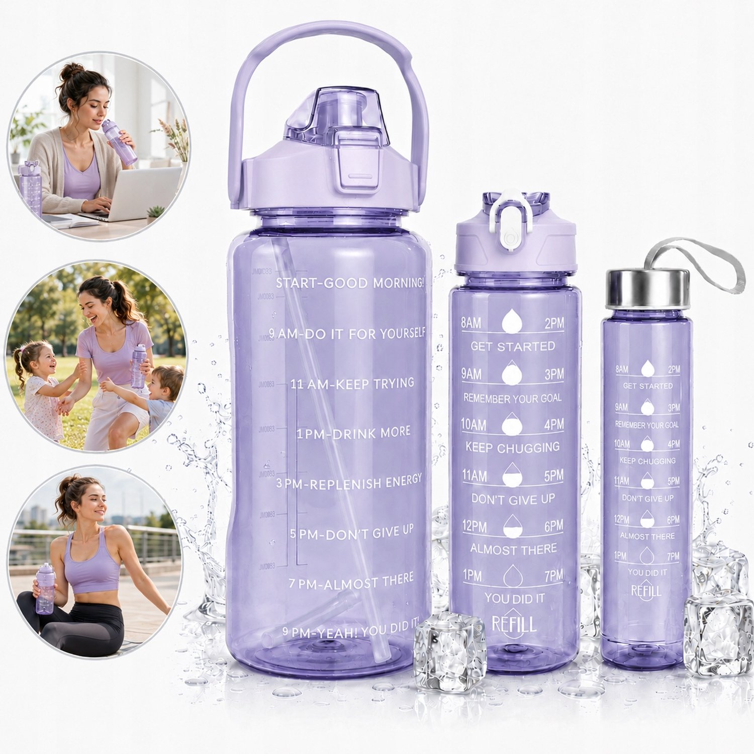 Set van 3 Motiverende Waterflessen met Rietje - 2L, 900ml, 300ml