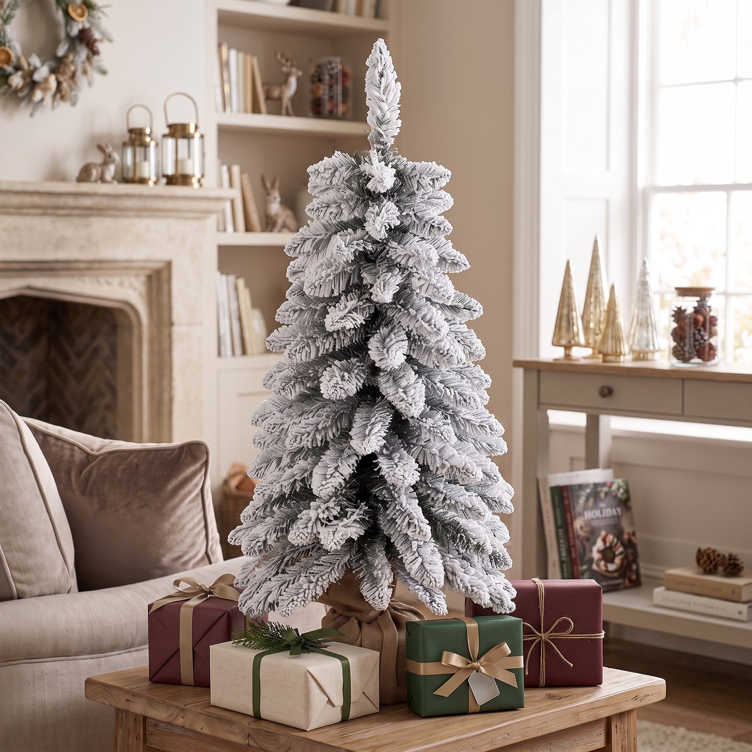 TEKROA® Sapin de Noël Kunstmatig 90 cm - 107 geborduurde takken in PVC - Basis in Toilet de Jute - Montage Rapide - wit