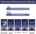 Infografiek over app-bediening voor LED-verlichting, inclusief QR-code voor download en voorbeelden van functies.