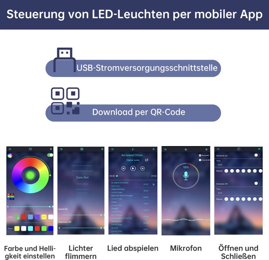 Infografiek over app-bediening voor LED-verlichting, inclusief QR-code voor download en voorbeelden van functies.