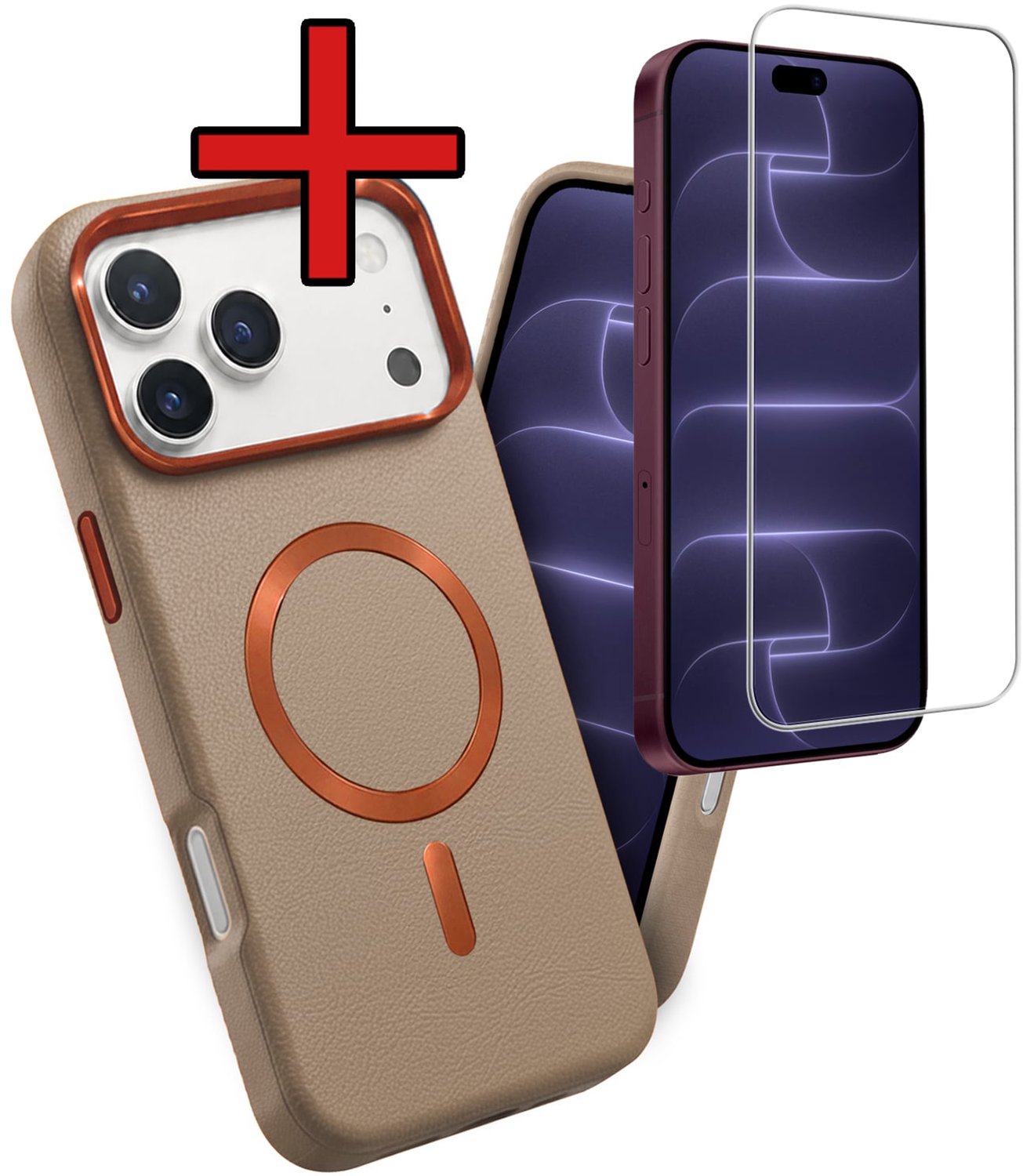 Hoesje - Met Screenprotector - Geschikt voor Apple iPhone 18 Pro Max - Magsafe Compatible - Leer Look - Sterk & Shockproof - Shock Proof Case - Back Cover - Telefoon Hoes - Telefoonhoes - Crème