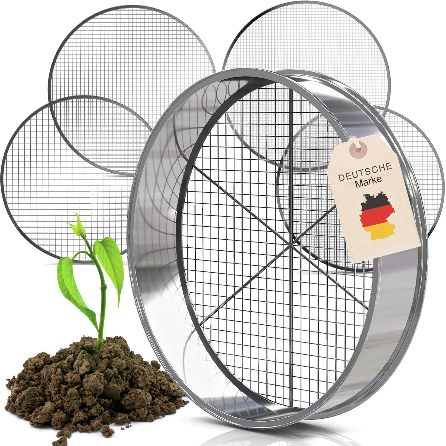 Famanu - Tuinzeef van roestvrij staal - Effectief zeven van compost - Inclusief 5 zeefinzetstukken - Zilver 1 stuk