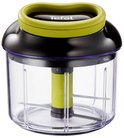 Tefal hakmolen met transparante container, zwart deksel en limegroen handvat/ring.