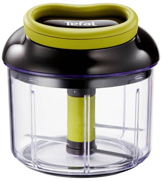 Tefal hakmolen met transparante container, zwart deksel en limegroen handvat/ring.