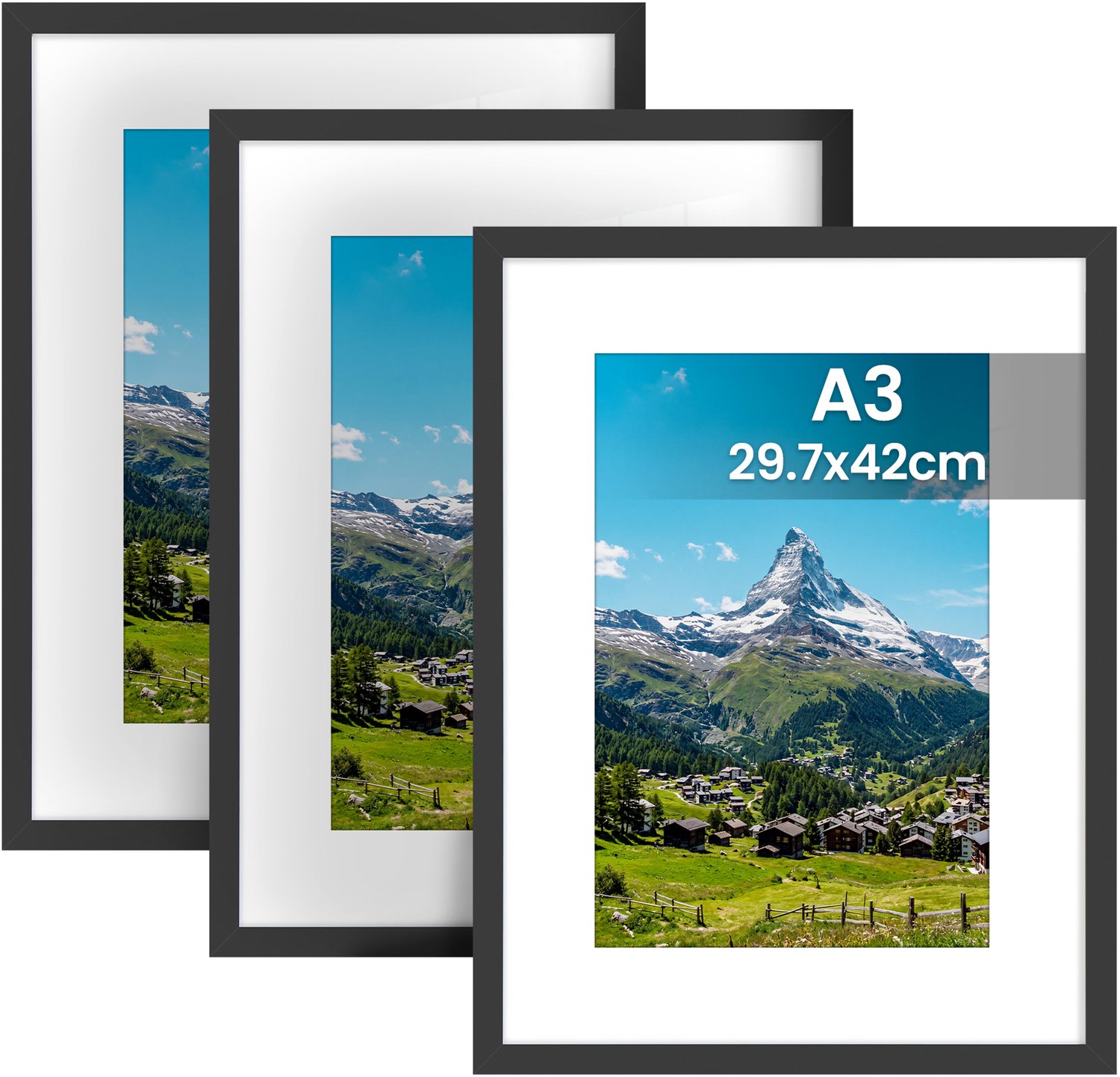 PVC fotolijsten A3 met wandhaken, set van 3 – zwart