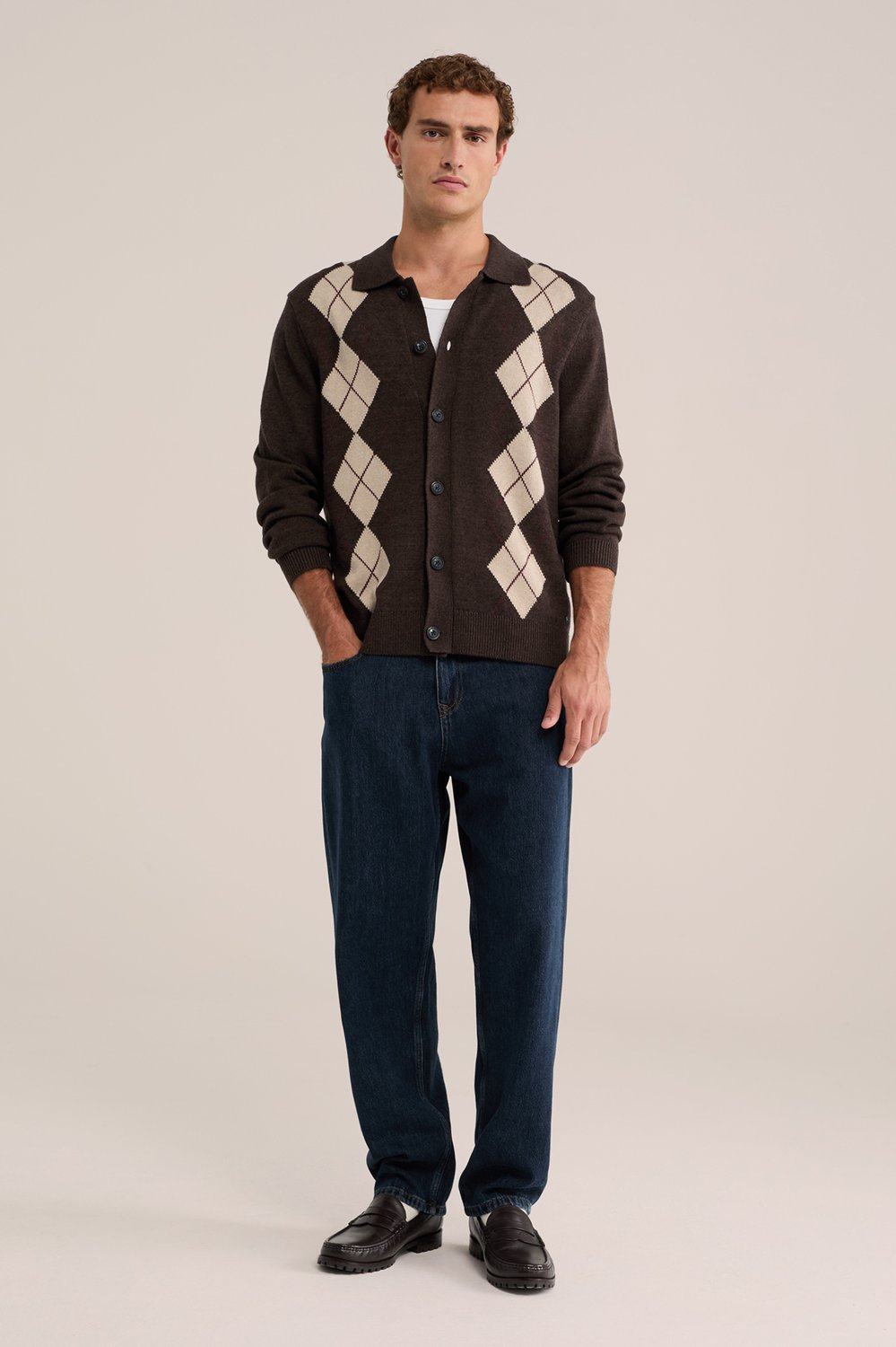 WE Fashion Heren regular fit gebreid vest met ruit en polokraag