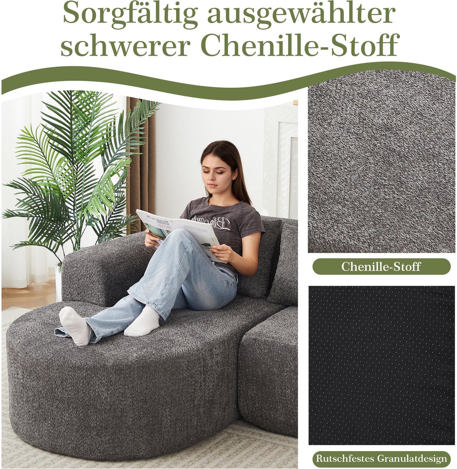 STILVORA Hoekbank 3-Zits - Linkse Chaise Longue Met 3 Rugkussens - Voor Woonkamer En Lounge - Chenille Stof - Antracietgrijs