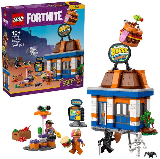 Restaurant Durrr Burger LEGO Fortnite avec personnages, accessoires et le burger emblématique aux yeux.