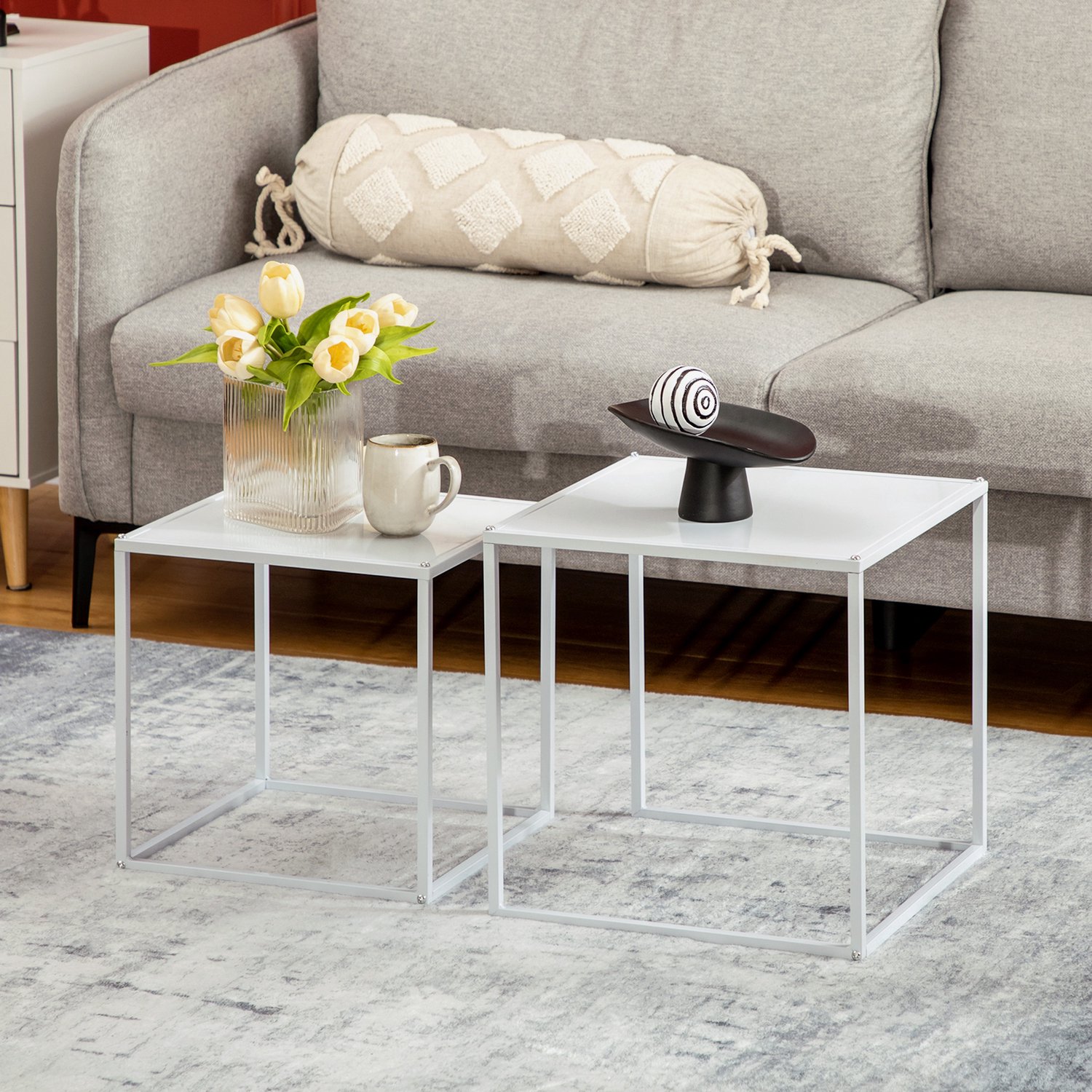 Salontafelset Voor Woonkamer Met Twee Vierkante Tafels Stalen Frame Modern Wit 40 X 40 X 40 Cm En 35 X 35 X 35 Cm Los Te Gebruiken