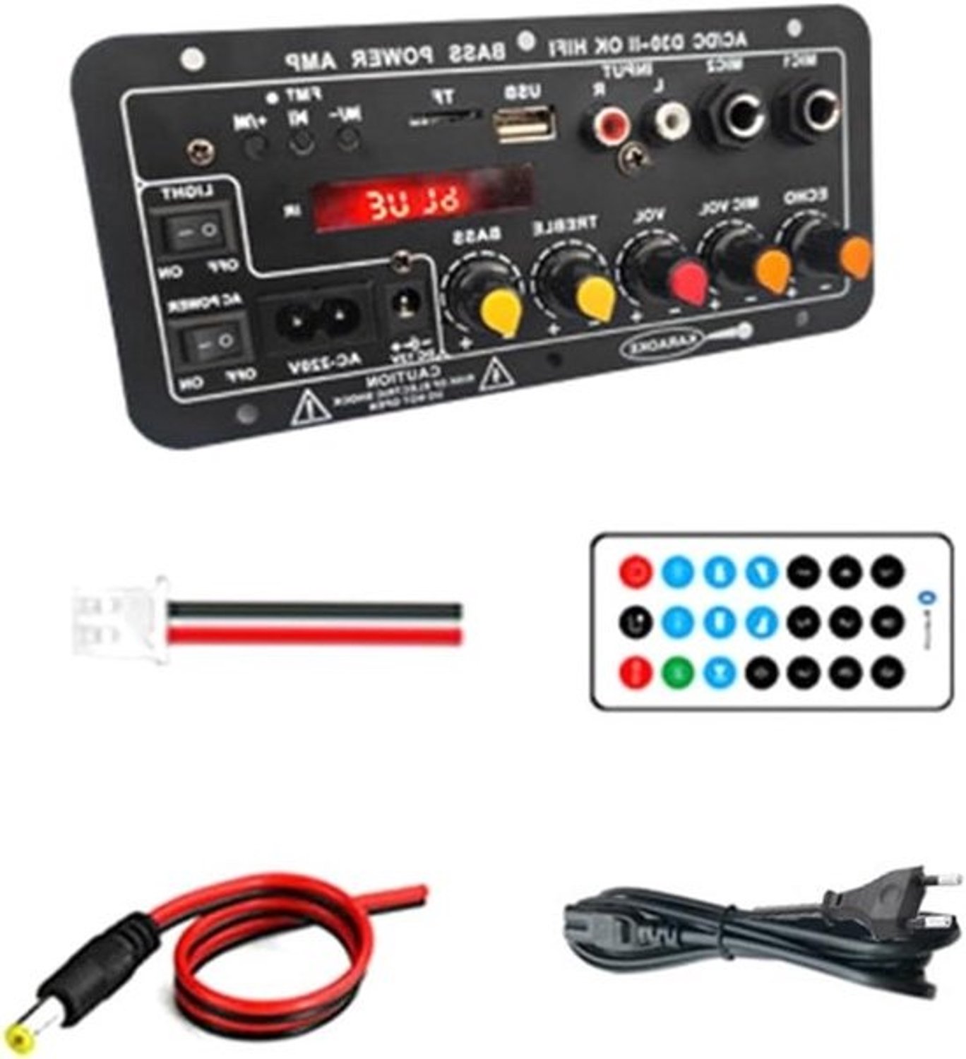 Digitale Bluetooth-versterker - Audioversterker - Luidspreker - Muziek afspelen - Dubbele microfooningangen - 12V DC - Zwart