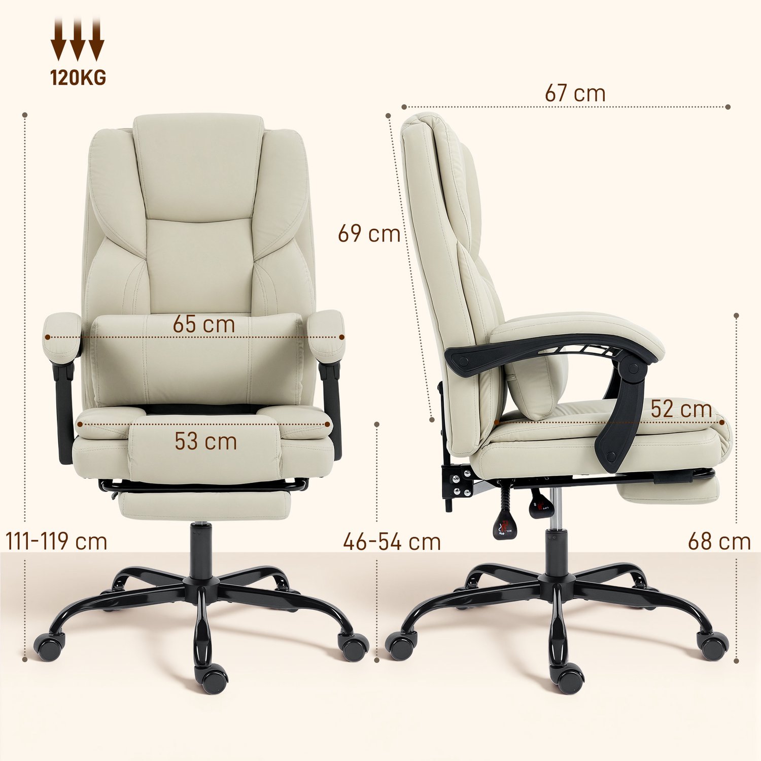 Homona Bureaustoel - Met voetsteun en lendenkussen - In hoogte verstelbaar - 65 x 67 x 111-119 cm - Beige