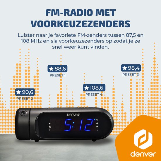 Denver Wekkerradio met Projectie - Opladen via USB - Digitale Wekker - FM Radio - Dubbel Alarm - CPR700 - Zwart — cadeau in Elektronica - foto 4