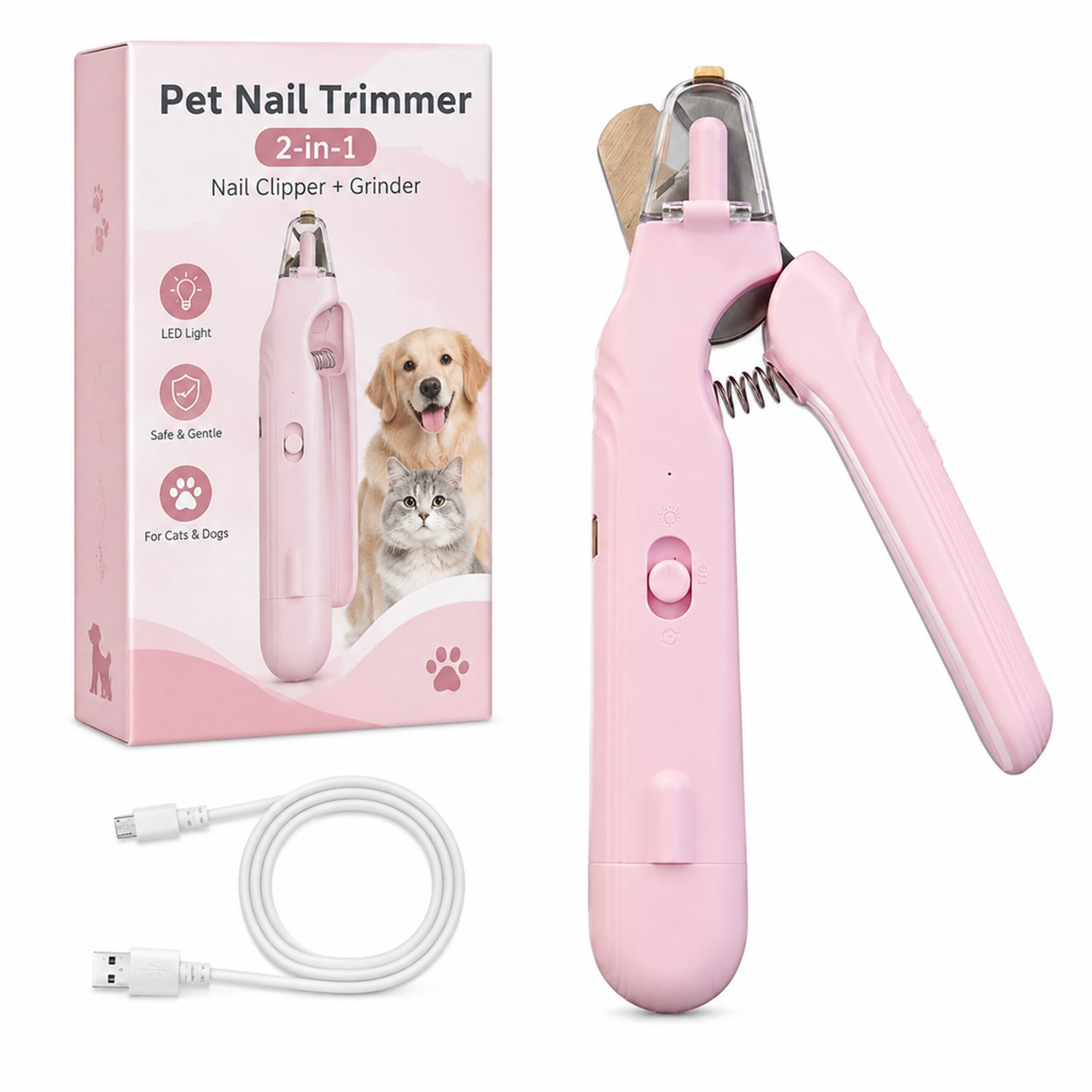 Elektrische nagelknipper voor huisdieren - 2-in-1, roze - Nagelknipper met elektrische slijpfunctie en LED-verlichting - Voor katten en honden - Kleurendoos met Engelse tekst