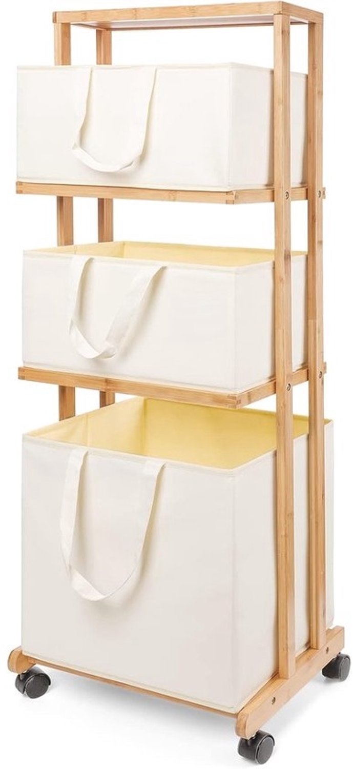 Wasmand met wielen - Kledingrekorganizer - Voor het sorteren van wasgoed - Drie afneembare manden - 121 cm hoog - Natuurlijk bamboe