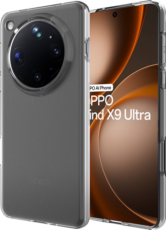 Transparante FlexLite hoes voor Oppo Find X9 Ultra, subtiele lijnen, camera-uitsparing, zwarte achtergrond.