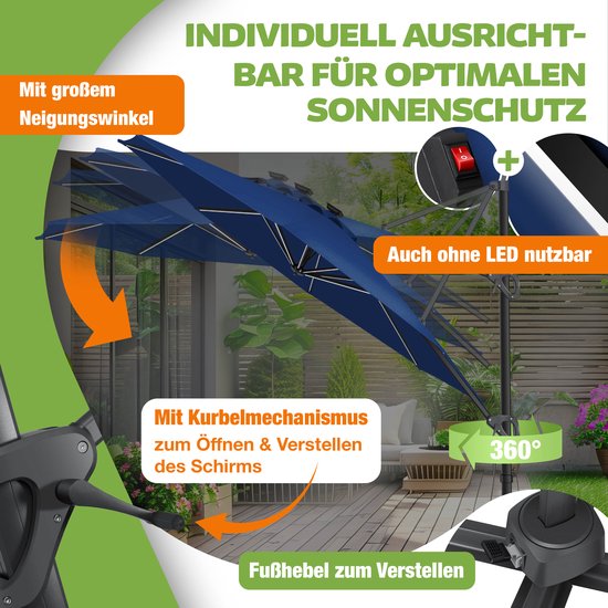 Donkerblauwe parasol met kantelmechanisme, 360 graden draaibaar, met hendel voor openen en instellen.