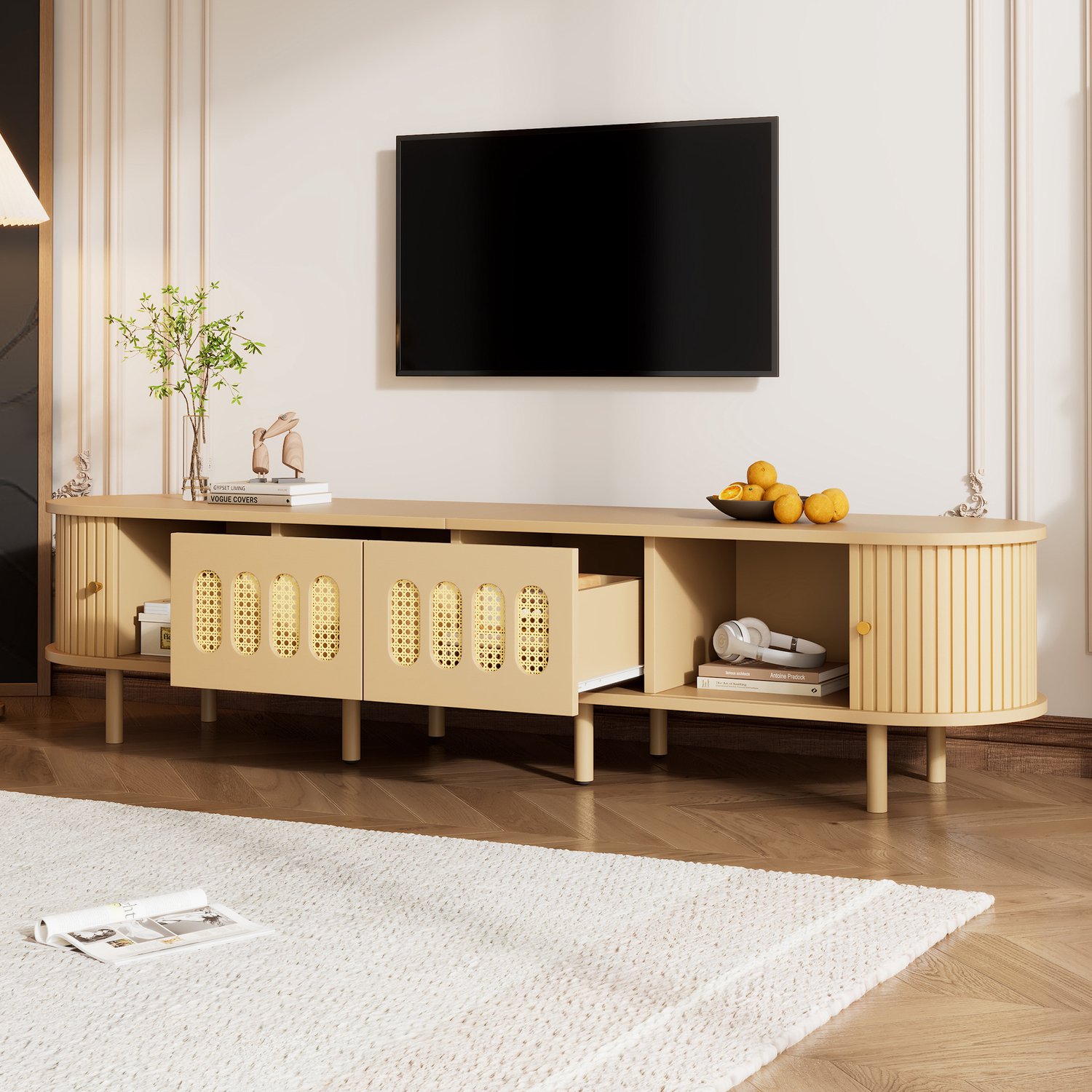 Merax Tv meubel-standaard 180×40×40 cm - licht hout - rotan - 2 deuren - 2 schuifdeuren Natuurlijk