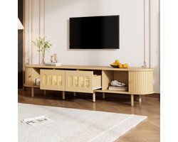 Tv meubel-standaard 180×40×40 cm - licht hout - rotan - 2 deuren - 2 schuifdeuren