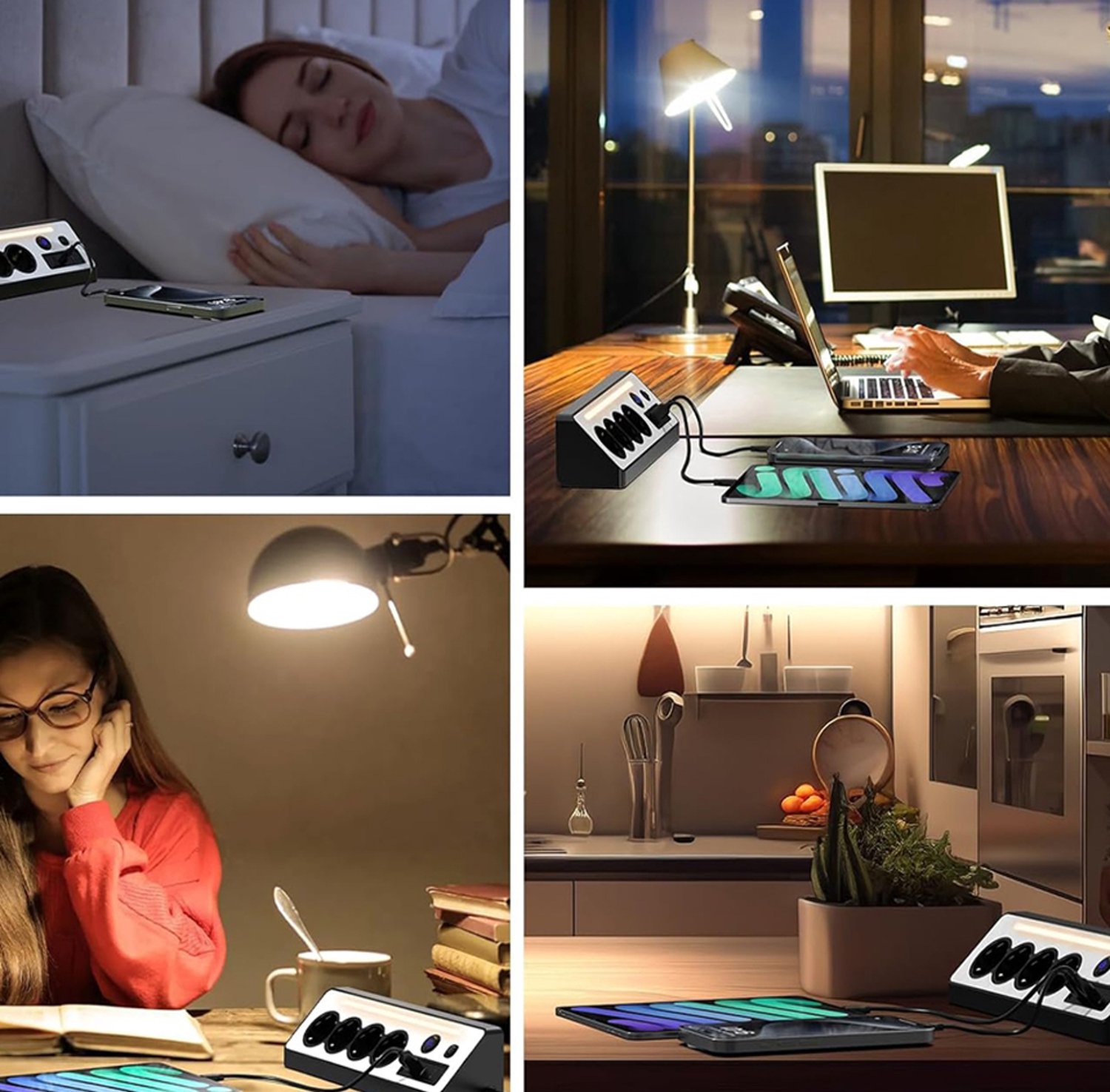 Hoekstekkerdoos, Stekkerdoos Met 90°-Ontwerp, Met Led-Nachtlampje, 1 Usb-Poort en 3 Usb-C-Poorten.