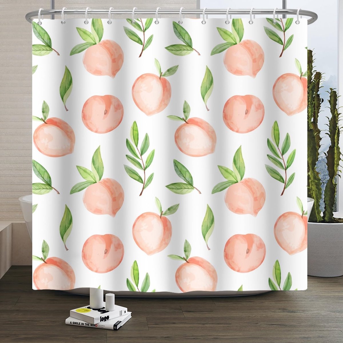 Peach Shower Curtain All Pink Fruit Bathroom Curtain Fresh Summer Fruit Green Leaf White Machine Washable Fabric - ShopVlot