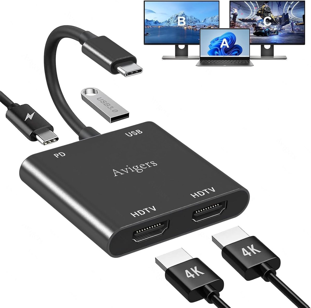 USB C Hub, 4-in-1, Black - ShopVlot