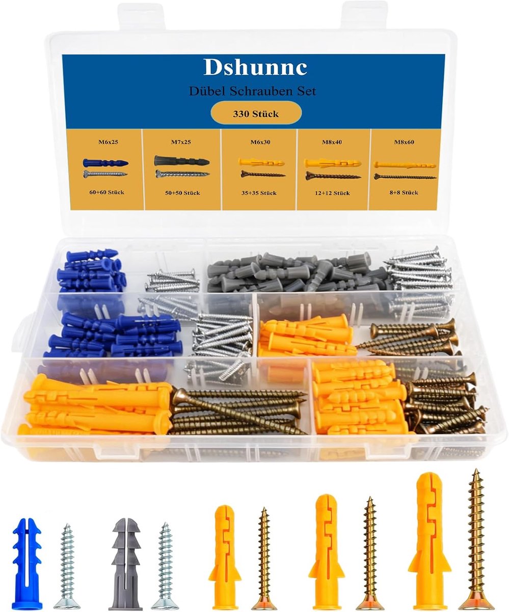 330 Pcs Dowel Screws Set M6/M7/M8 Screws and Plugs Set Plugs Set for Concrete Hollow Wall and Plasterboard - ShopVlot