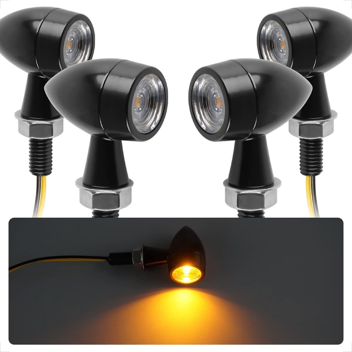 evermotor 12V E24 Mini Motorcycle LED Turn Signal Lights, 4 Pieces- Yellow Light, Universal Bullet Zinc Alloy in Fine - ShopVlot