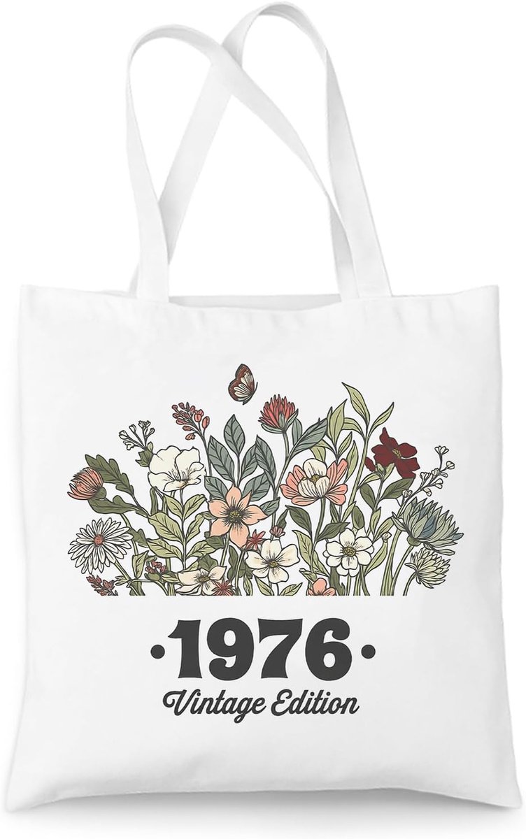 Cadeau voor dames 50 jaar vintage boodschappentas 1976 van canvas 35 x 40 cm, cadeau 50 jaar vrouw met bloemenmotief - ShopVlot