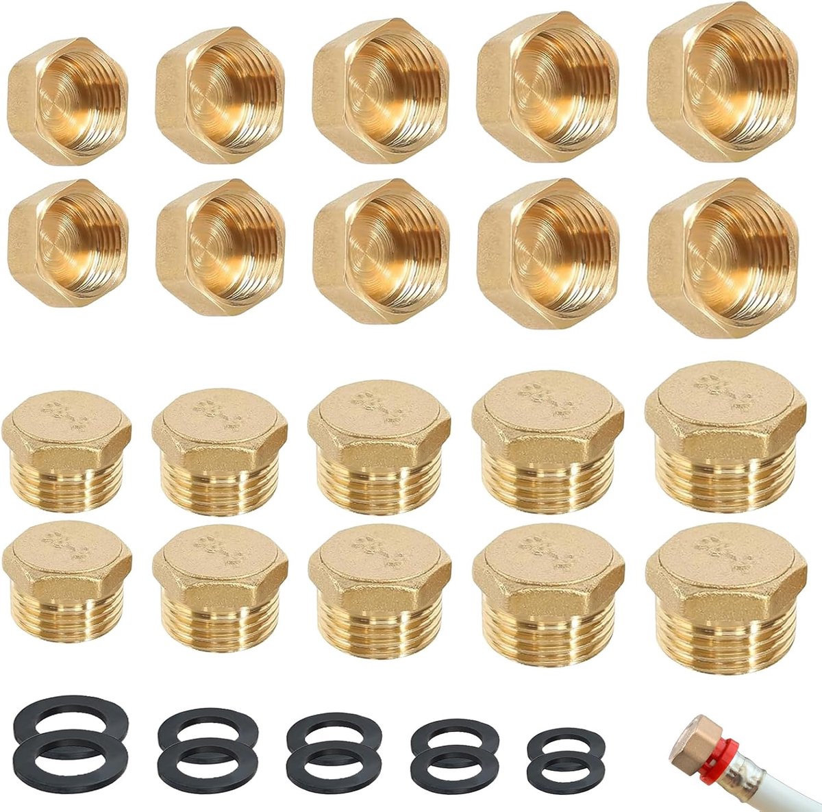 Pack of 20 Blind Plugs Blind Stops Water Pipe Male and Female Thread 5 Sizes 1/8 1/4 1/2 3/8 3/4 Inch with 10 Sealing - ShopVlot